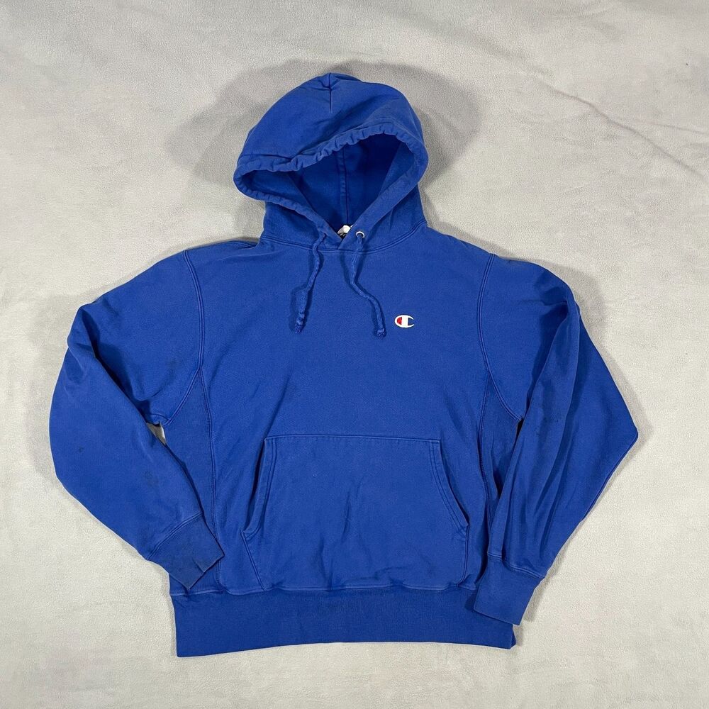 Champion Reverse Weave Hoodie Mens Medium Blue Heavyweight Sweatshirt Logo
